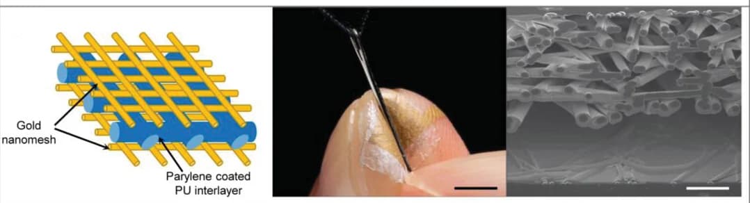 Open access visualization of Illustration, Microscopy, Photo, Au-PU-Au Sandwich Structure, Nanomesh Pressure Sensor