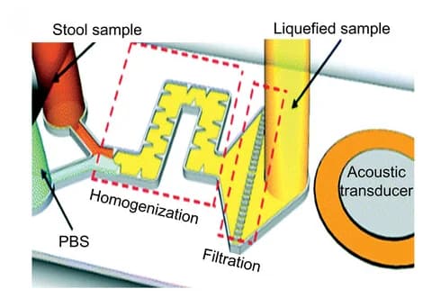 Open access visualization of Workflow, Illustration, Sharp-Edge-Based, Acoustofluidic Device, Stool Samples