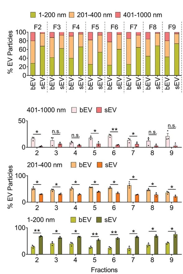 Open access visualization of Stacked Bar Plot, Bar Plot, Error Bars, Particle Analysis, Sucrose Gradient Fractions