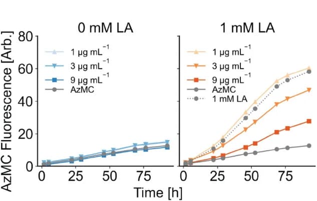 Open access visualization of Line Plot, PEG-OACs, HEK293 Cells, AMC fluorescence, Lipoic acid