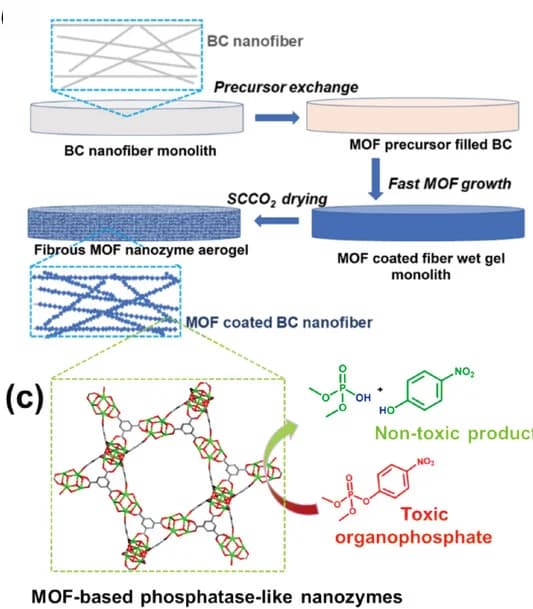 Open access visualization of Workflow, Illustration, Chemical Structure, Zr-MOF nanozyme aerogel, Aerogel