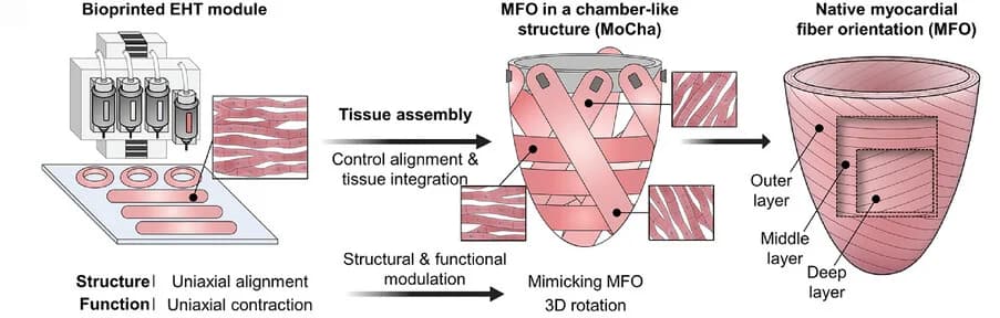 Open access visualization of Workflow, Illustration, Bioprinting, Tissue Assembly, Myocardial Fiber