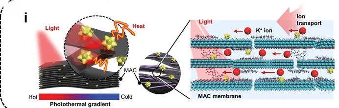 Open access visualization of Illustration, Workflow, Light Induced Osmosis, Energy Generation, MXene/AuNS Membrane