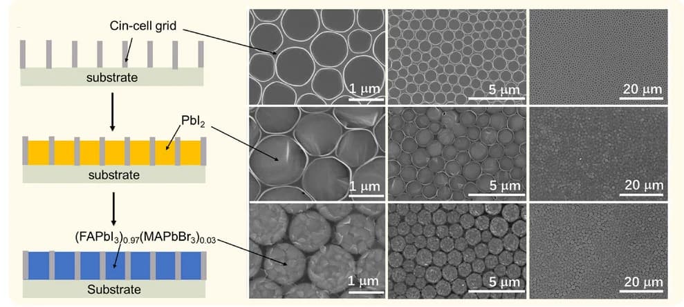 Open access visualization of Microscopy, Workflow, Fabrication Steps, Perovskite Material, Polymer Grid