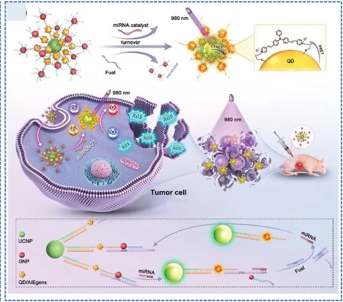 Open access visualization of Workflow, Illustration, UCNP-QDs-GNPs Nanoprobe, Catalytic microRNA Imaging, Image-Guided Therapy