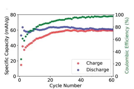 Open access visualization of Line Plot, Specific Capacity, Coulombic Efficiency, PolyPMI Cell, Lithium Metal Electrode