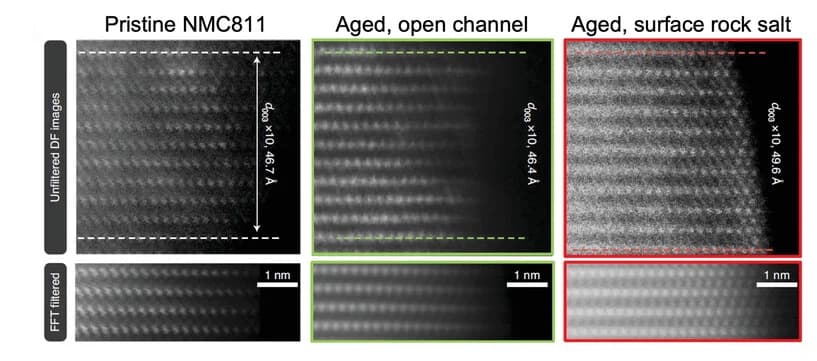 Open access visualization of Microscopy, DF STEM, NMC811, Li Transport Channels, Rock-Salt Surface Reconstruction