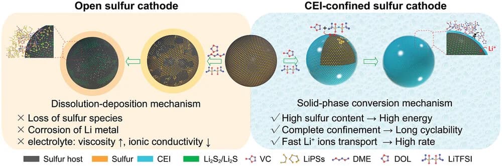 Open access visualization of Illustration, Workflow, Sulfur Cathodes, Reaction Mechanisms, Dissolution-Deposition Mechanism