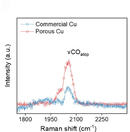 Open access visualization of Line Plot, In Situ Raman Spectra, Cu Electrode, PCu Electrode, CO2R
