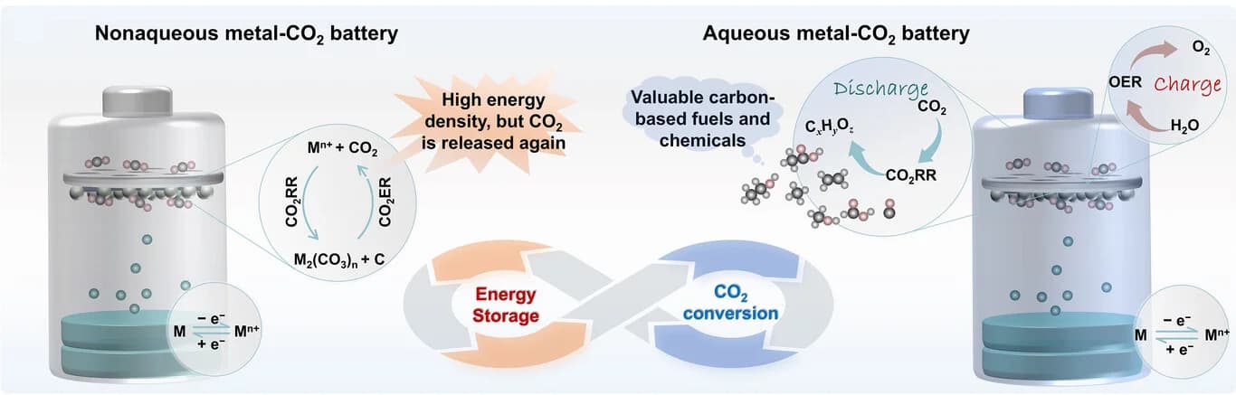 Open access visualization of Workflow, Illustration, Nonaqueous Batteries, Aqueous Batteries, M-CO2 Batteries