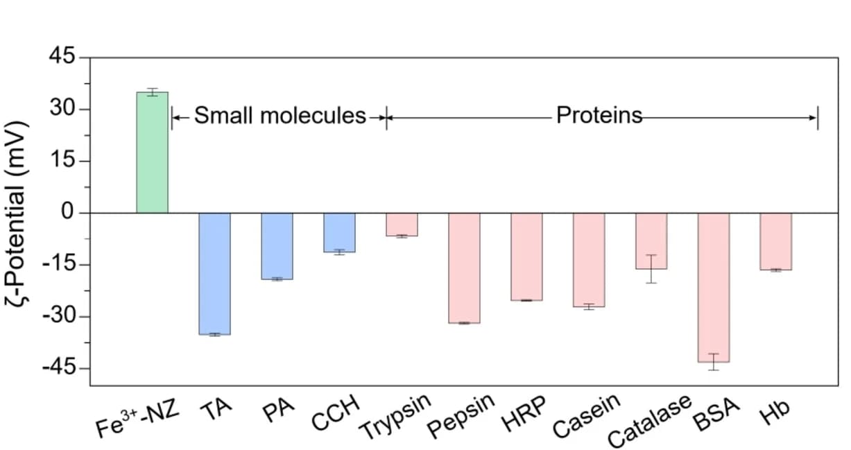 Open access visualization of Bar Plot, Error Bars, Z-Potential values, Fe3+-NZ particles, TA