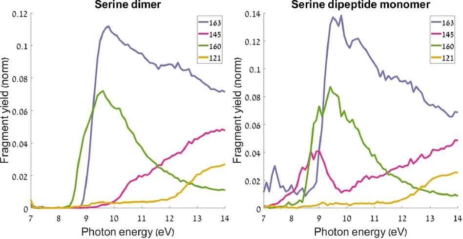 Open access visualization of Line Plot, Fragment Yield, Photon Energy, Protonated Serine Dimer, Protonated Serine Dipeptide Monomer