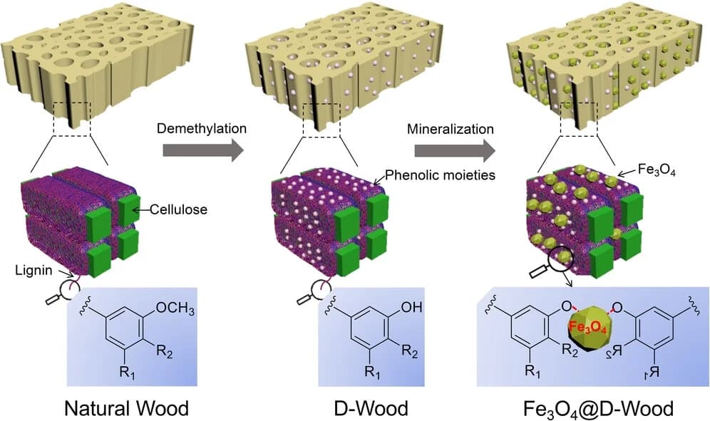 Open access visualization of Workflow, Illustration, Fe3O4@D-wood