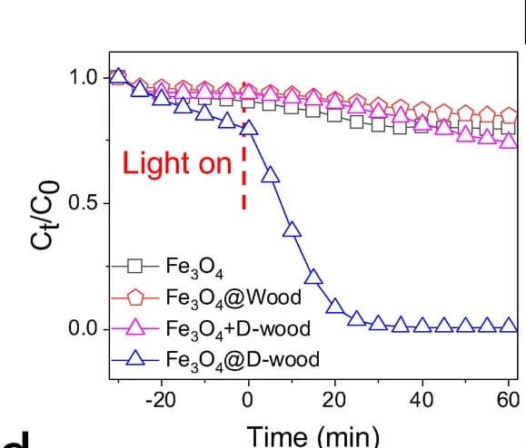 Open access visualization of Line Plot, Absorbance, RhB, Fe3O4@D-wood, Fe3O4@Wood