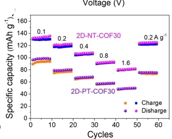 Open access visualization of Line Plot, Scatter Plot, Rate Performance, 2D-PT-COF30 Electrode, 2D-NT-COF30 Electrode