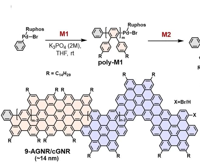 Open access visualization of Workflow, Illustration, Poly-M1/M2, 9-AGNR/cGNR, Synthesis