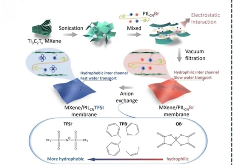 Open access visualization of Workflow, Illustration, Poly(ionic liquid), MXene Composite, Lamellar Membrane