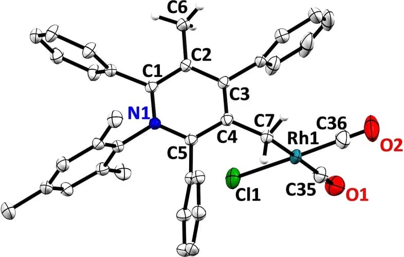 Open access visualization of Chemical Structure, X-ray Structure, Rhodium Complex, Thermal Ellipsoids, Bond Parameters
