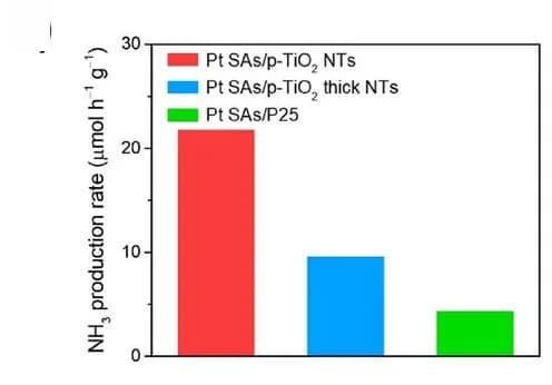 Open access visualization of Bar Plot, Photocatalytic Ammonia Production Rate, Platinum Single Atoms, Titania Nanotubes, LED Irradiation
