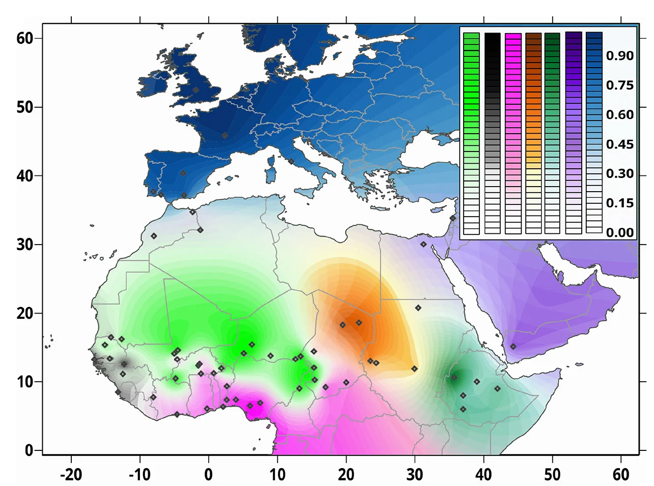 Open access visualization of Geo Map, ADMIXTURE, Fulani-World Dataset, Geographical Map, Kriging Method