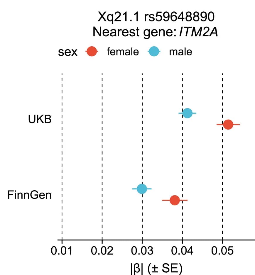 Open access visualization of Scatter Plot, Error Bars, Forest Plot, rs59648890, ITM2A