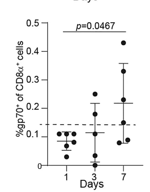 Open access visualization of Scatter Plot, Error Bars, gp70-tetramer+cells, 4T1 WT, PDL1 KO