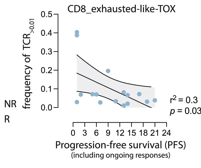 Open access visualization of Scatter Plot, Regression Plot, Correlation, CD8 Exhausted-like TOX, Clonal T Cells