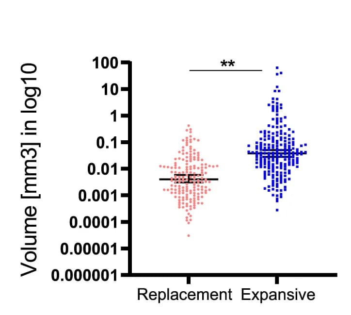 Open access visualization of Scatter Plot, Error Bars, DCIS Lesions, Replacement Growth, Expansive Growth