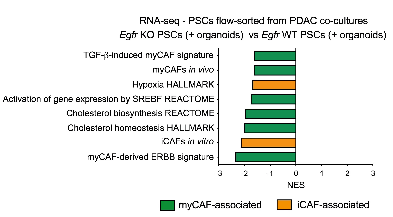 Open access visualization of Bar Plot, Downregulated Pathways, Gene Set Enrichment Analysis, GSEA, EgfrKO PSCs