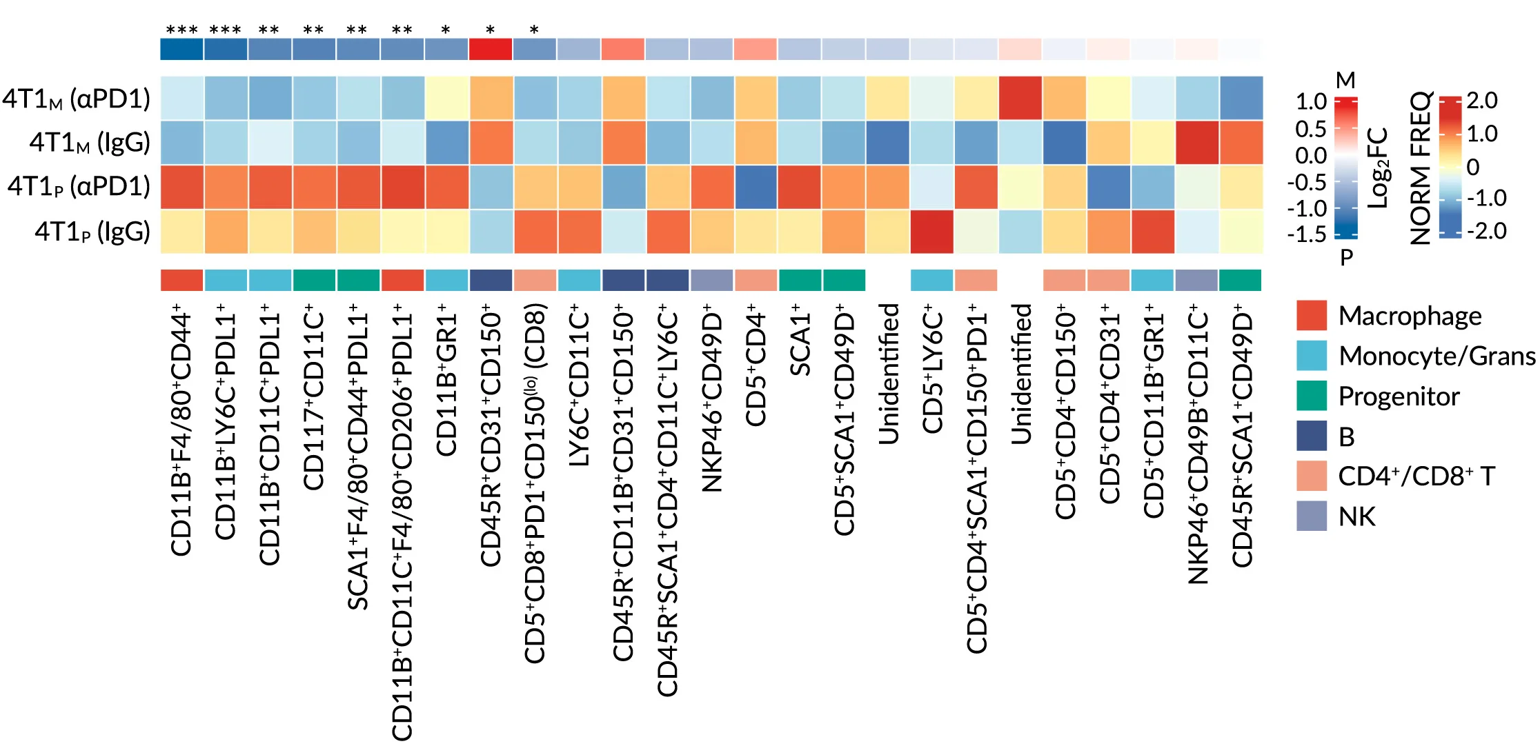 Open access visualization of Heatmap, CD45+ Cells, Tumor Microenvironment, 4T1P Tumors, 4T1M Tumors