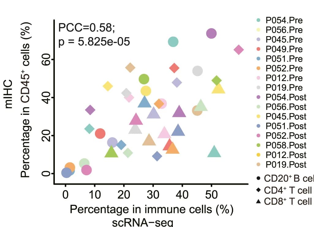 Open access visualization of Scatter Plot, Cellular Compositions, scRNA-seq, Multi-color IHC staining, Pearson Correlation Coefficient