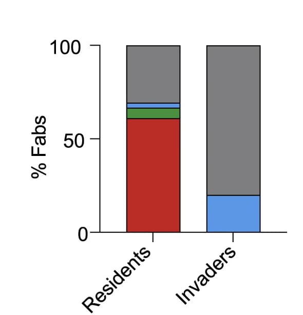Open access visualization of Stacked Bar Plot, UCA Resident GC Fabs, UCA Invader GC Fabs, Proportions