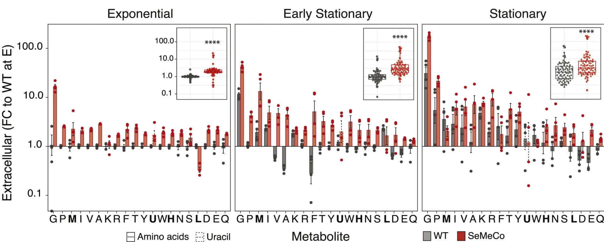 Open access visualization of Bar Plot, Error Bars, Scatter Plot, Box Plot, Extracellular amino acids