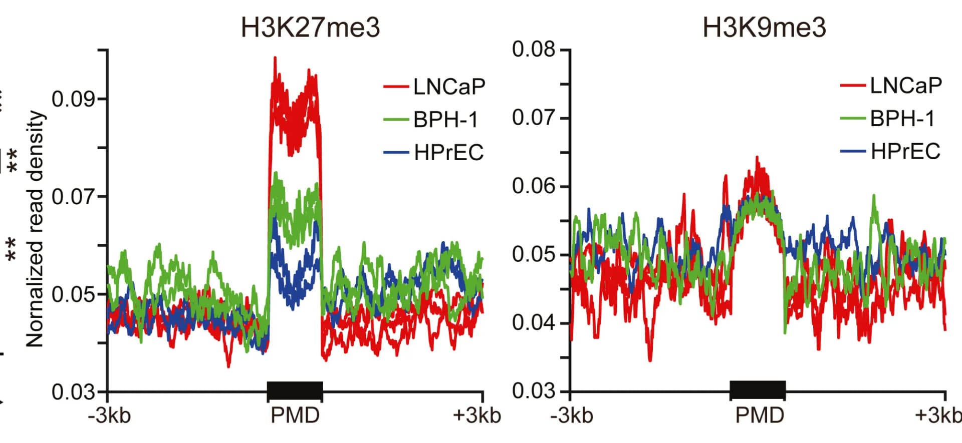 Open access visualization of Line Plot, Silencing Chromatin Marks, PMDs, Prostate Cancer Cells, LNCaP