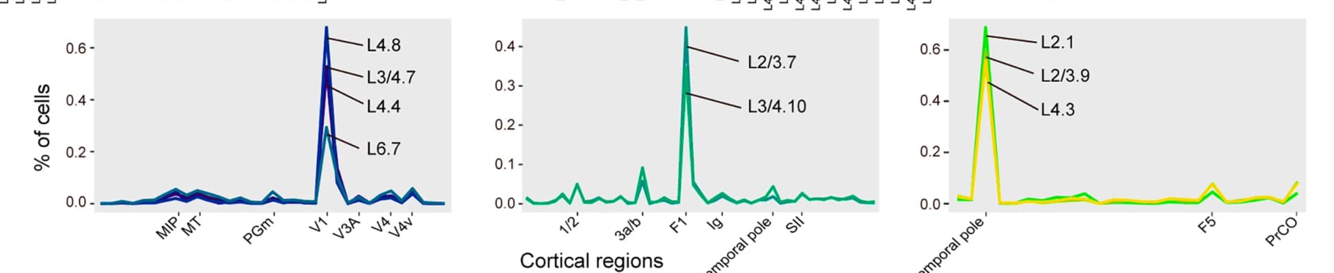 Open access visualization of Line Plot, Distribution Density, Glutamatergic Cell Type, Regional Localization, Visual Cortex