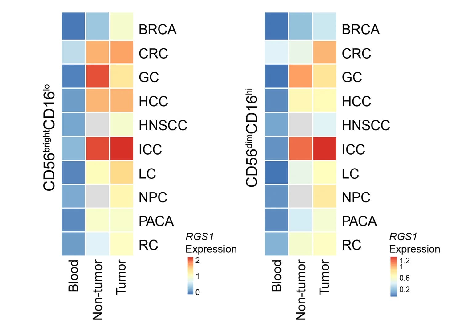 Open access visualization of Heatmap, RGS1 Expression, Blood, Tumor, Adjacent Non-Tumor Tissues