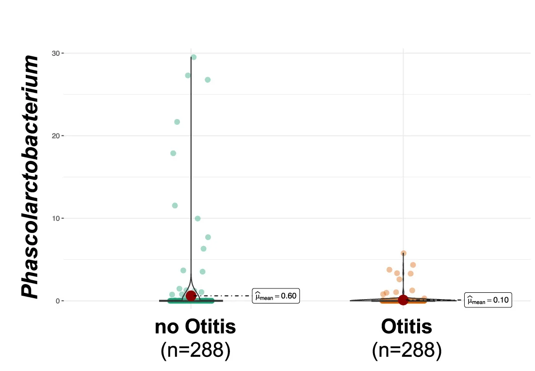 Open access visualization of Violin Plot, Scatter Plot, Phascolarctobacterium, Relative Abundance, Otitis