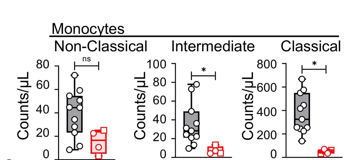 Open access visualization of Box Plot, Scatter Plot, Peripheral Blood Monocyte Subsets, CyTOF, Mann-Whitney U Test