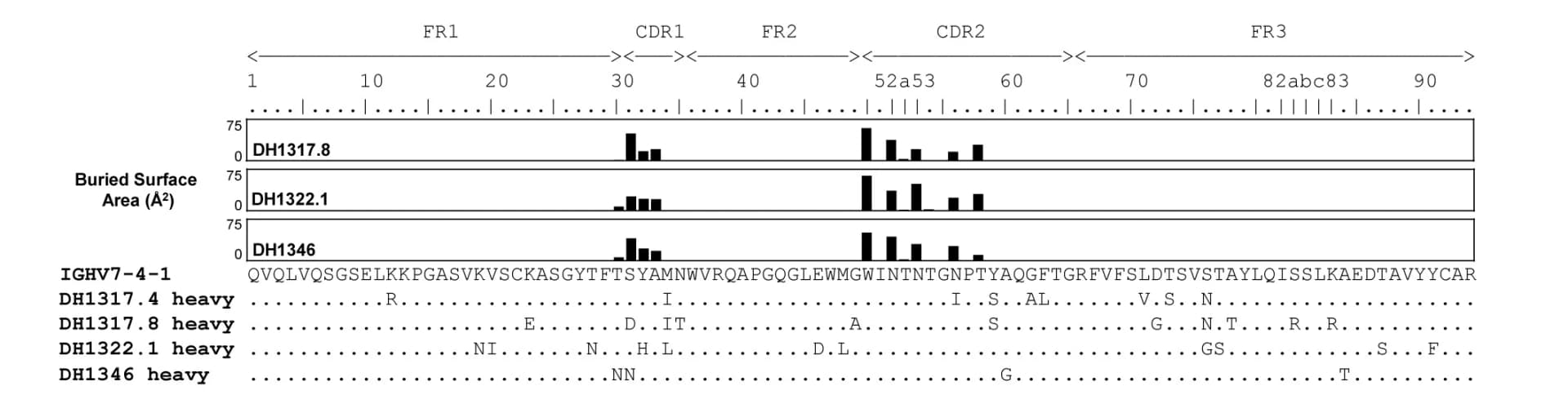 Open access visualization of Bar Plot, Sequence Alignment, Heavy Chain Regions, DH1317.4, DH1317.8