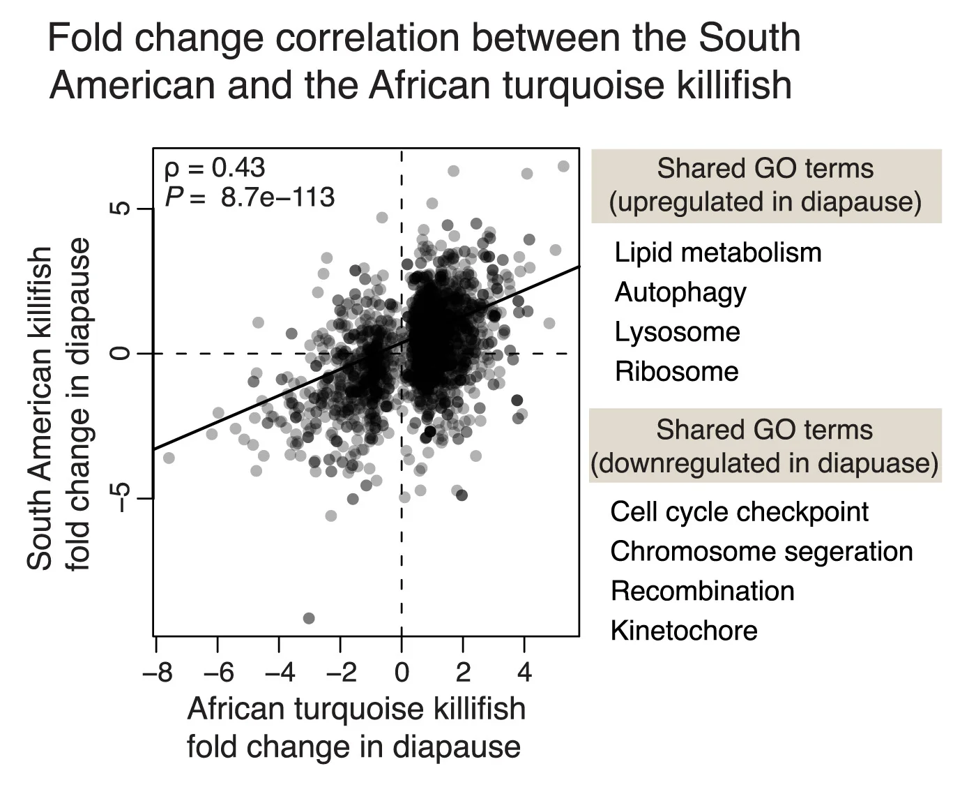 Open access visualization of Scatter Plot, Regression Plot, Ortholog Genes, Diapause, African Turquoise Killifish