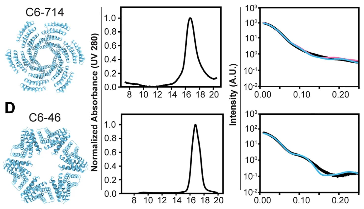Open access visualization of Line Plot, Protein Structure, C6-714, Design Model, Size-Exclusion Chromatogram