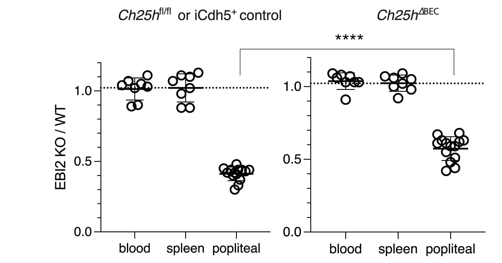 Open access visualization of Scatter Plot, EBI2 KO B Cells, WT B Cells, Co-transfer, LCMV-infected Control