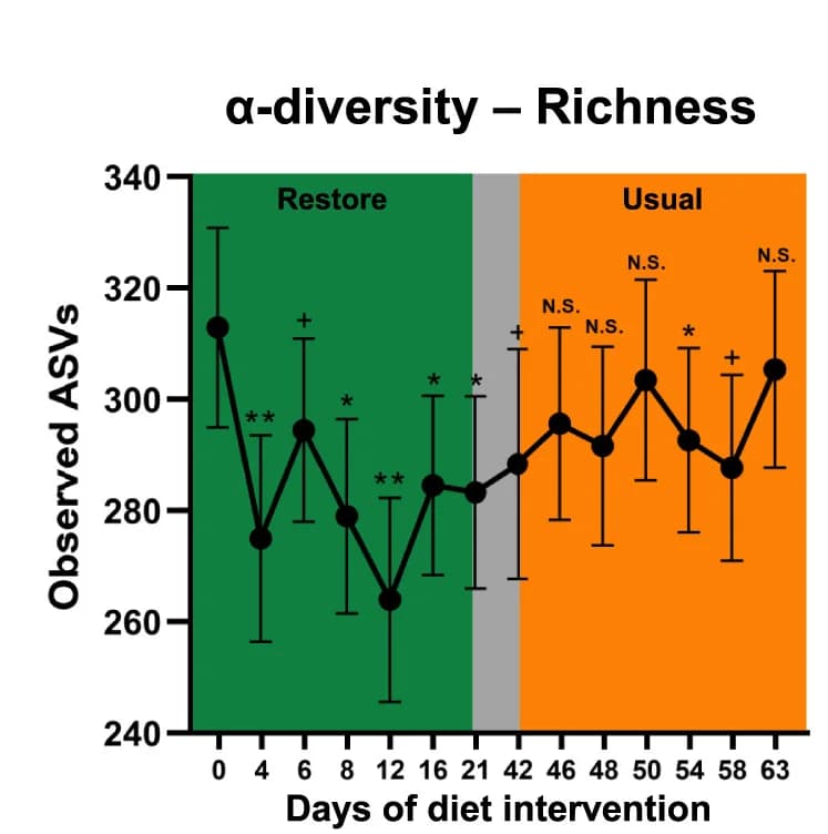 Open access visualization of Line Plot, Error Bars, Observed Features, Richness, ASVs