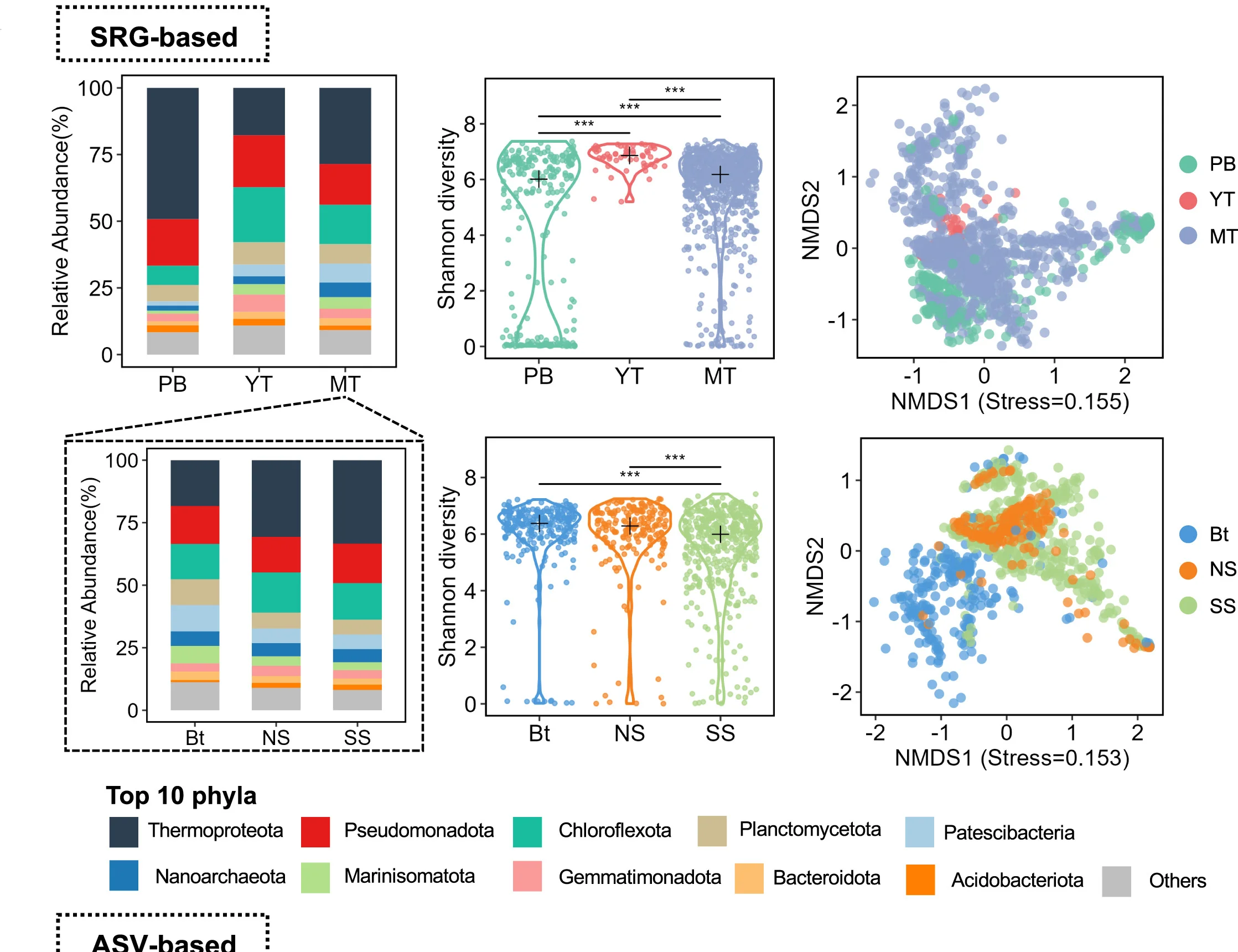Open access visualization of Stacked Bar Plot, Violin Plot, Scatter Plot, Microbial Taxonomic Composition, Shannon Diversity