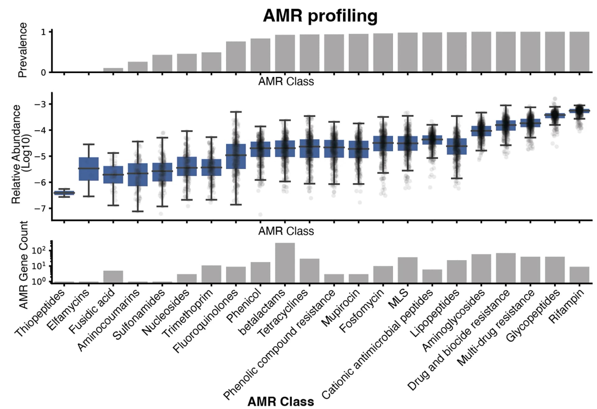Open access visualization of Bar Plot, Box Plot, AMR Gene Profiles, AMR Class, Boxplots