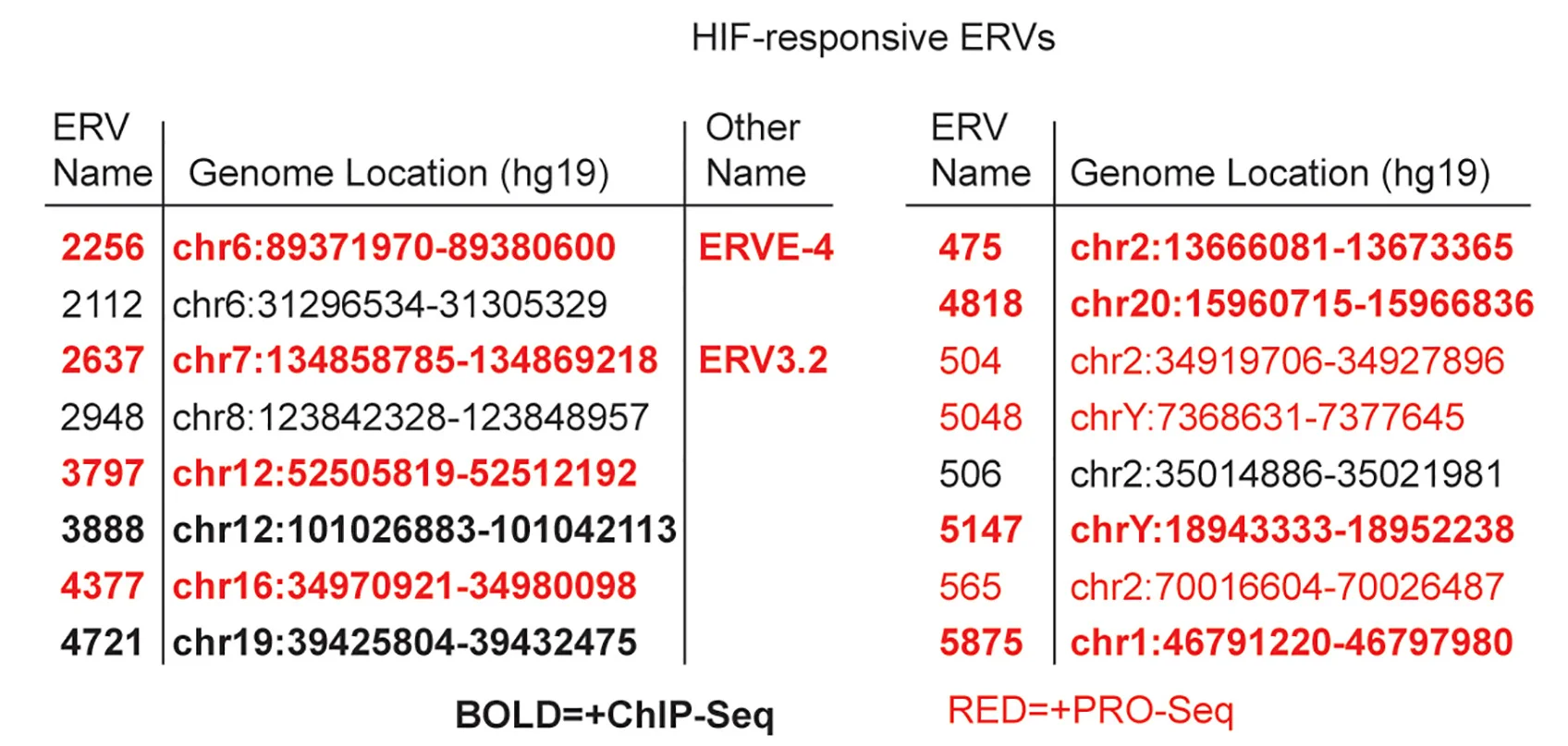 Open access visualization of Table Image, HIF2-responsive ERVs, RNA-seq, HIF2alpha Binding Site, ChIP-seq