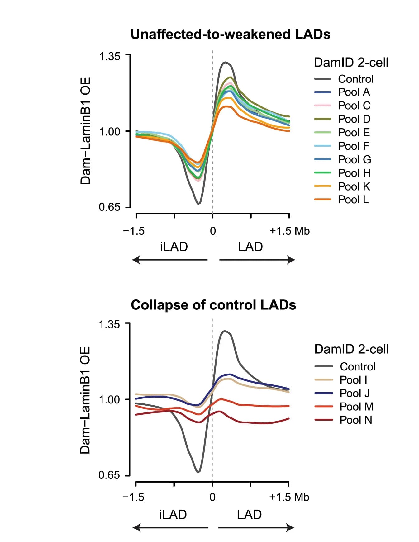 Open access visualization of Line Plot, Dam-LaminB1 OE, Control 2-Cell LAD, LAD Boundary, iLAD Boundary