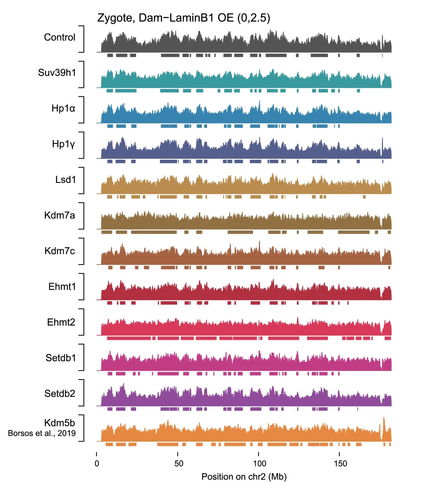 Open access visualization of Line Plot, Zygotic Dam-LaminB1 OE, Chromosome2, LADs, Two-state HMM