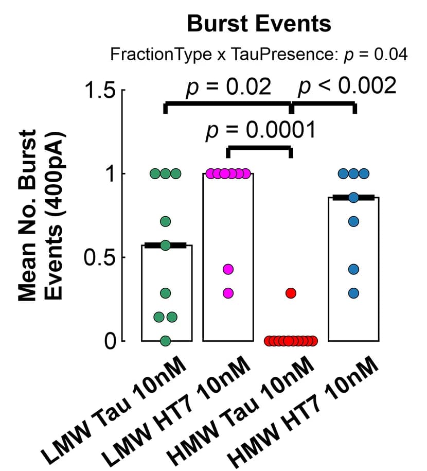 Open access visualization of Bar Plot, Scatter Plot, Error Bars, HMW Tau, Bursting Events