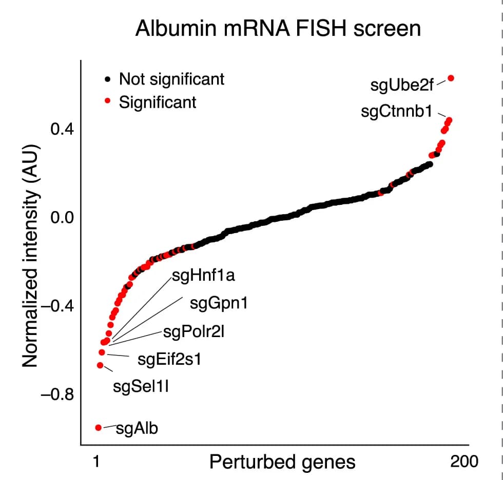 Open access visualization of Scatter Plot, Alb mRNA FISH Intensity, Perturbed Genes